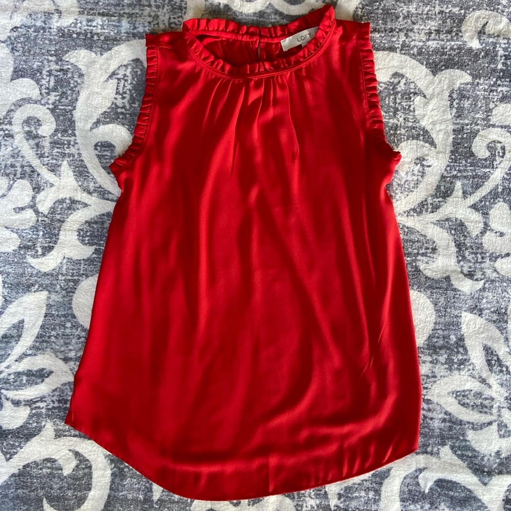 Loft bright red chiffon tank top with ruffle hem keyhole XS